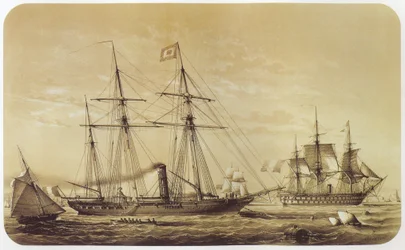 De Reine Hortense, keizerlijk jacht van Napoleon III. Het linieschip Austerlitz is op de achtergrond te zien